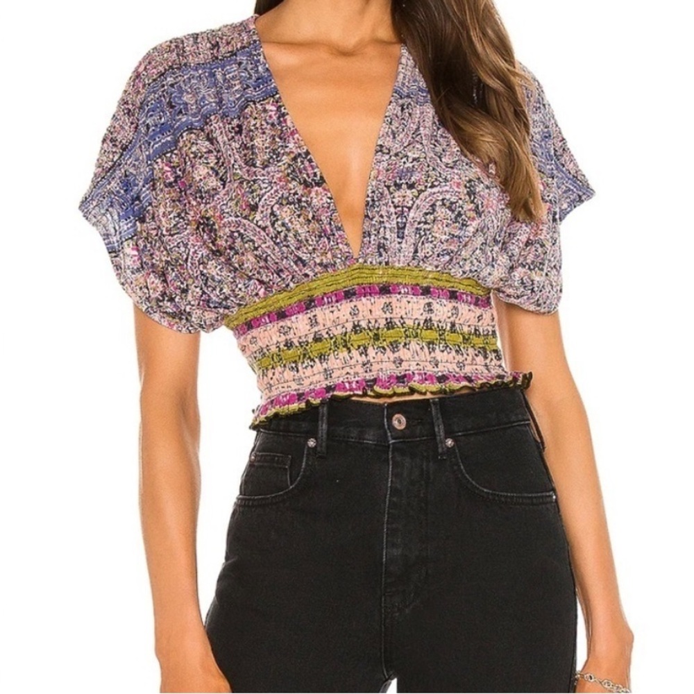 Free People Multicolor Paisley V-Neck Smocked Crop Top